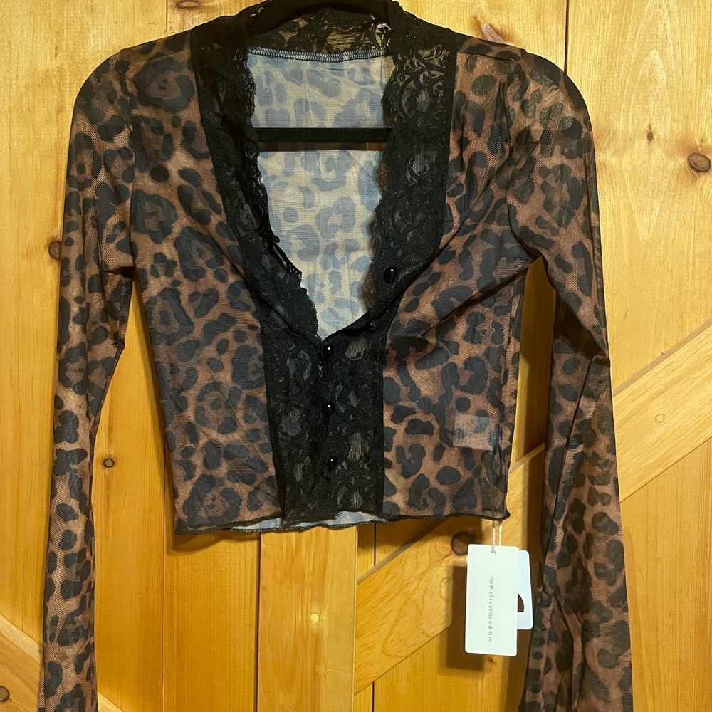 SOLD Leopard Print Sheer Cardigan with Lace Trim Commense NWT Small
